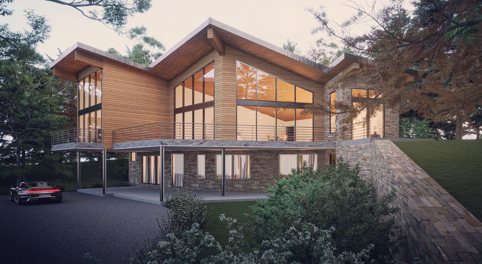 Modern mountain residence with wood and stone cladding set into a forested hillside — a Bassett Homes design